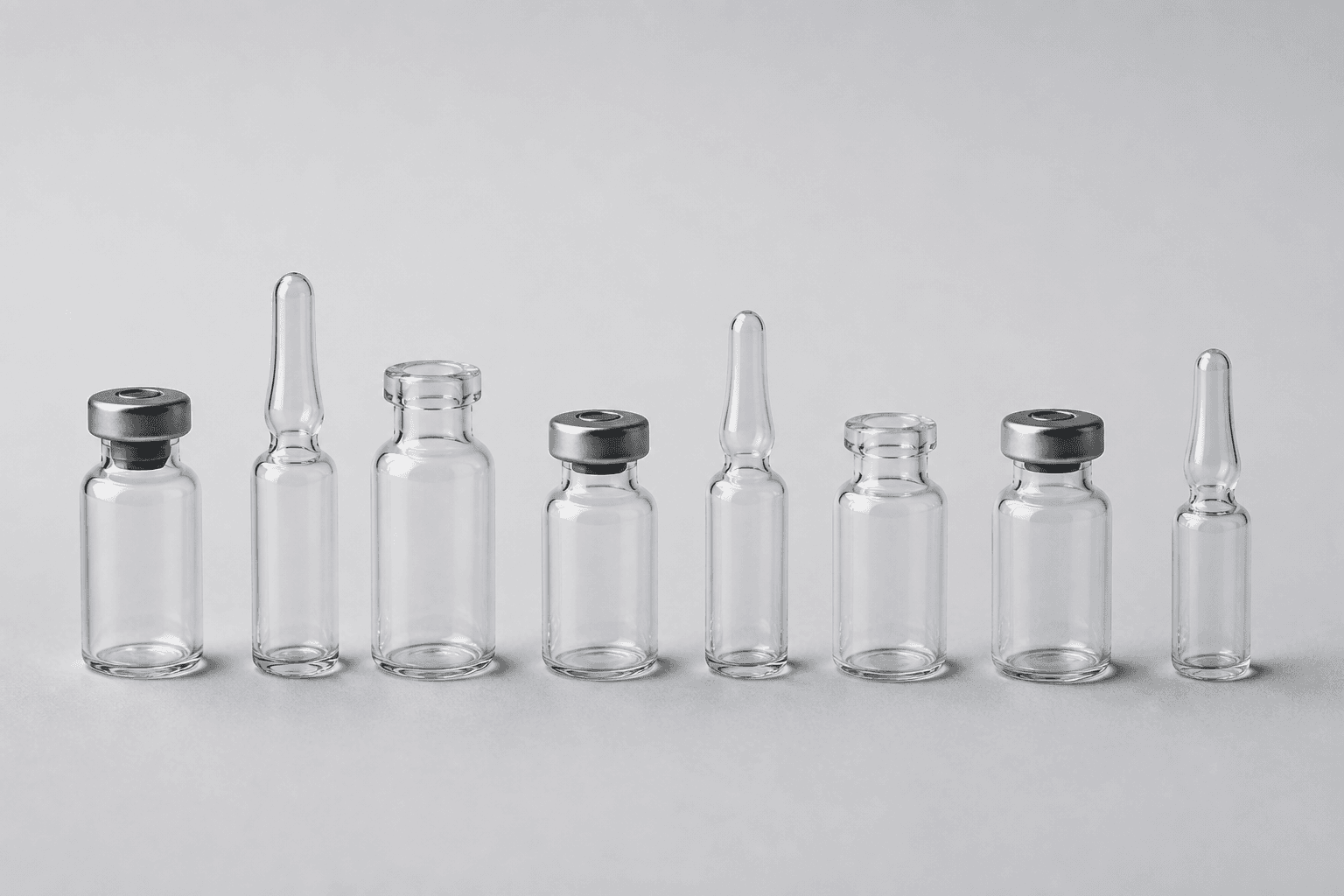 八支沒有標籤的透明玻璃藥瓶及安瓿,在淺灰色表面排列成一行。
