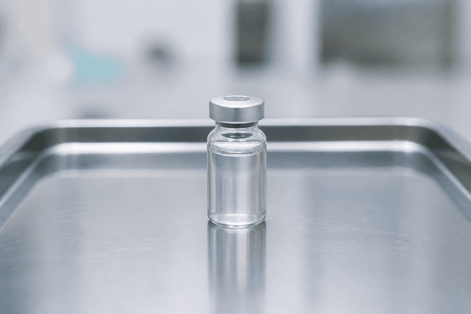 一支以鋁蓋密封、沒有標籤的透明注射藥瓶,置於不鏽鋼配製盤上。